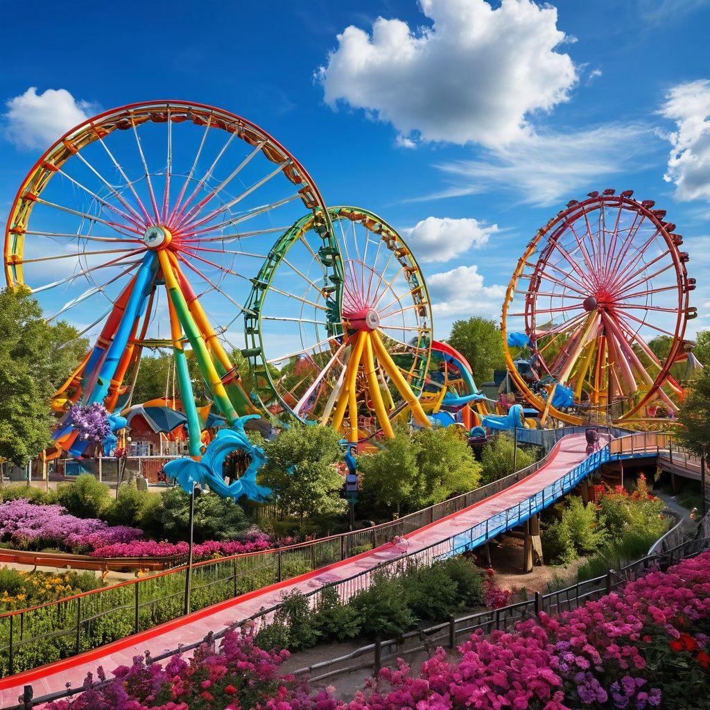 A vibrant landscape featuring giant, colorful roller coasters with fluid, curving shapes twisting through a sunny amusement park. Joyful families and friends are laughing and cheering while riding the attractions, surrounded by whimsical trees and candy-colored flowers. Add an enchanting sky with fluffy clouds and birds soaring above, enhancing the feeling of joy and adventure. super-realistic. vibrant colors. whimsical style.