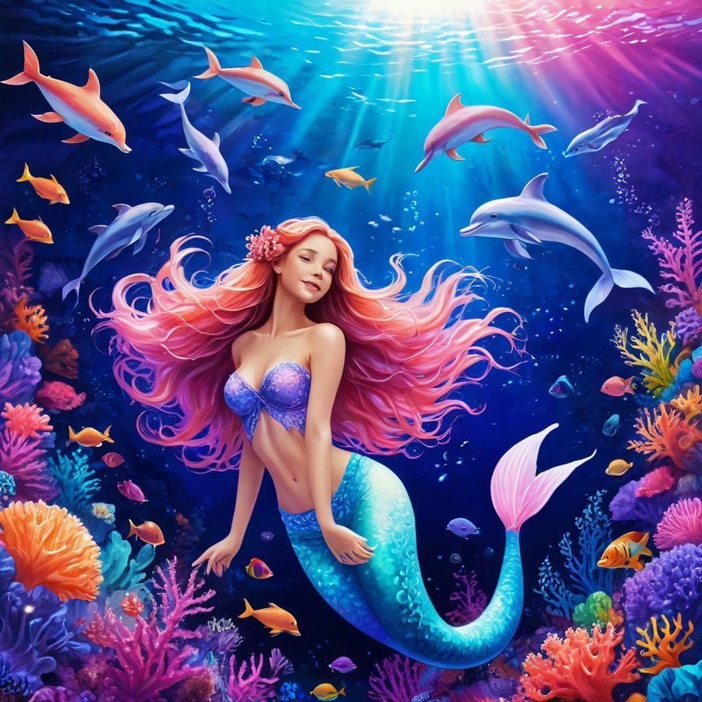 A whimsical underwater scene filled with vibrant coral reefs and fantastical sea creatures dancing joyfully. Include a radiant mermaid with flowing hair surrounded by playful dolphins, all illuminated by colorful light that creates a magical atmosphere. Add bubbles that sparkle and fish that reflect shades of pink, purple, and blue. A contrasting dark ocean background enhances the vivid colors of joy and celebration. digital painting. vibrant colors. dreamy aesthetic.