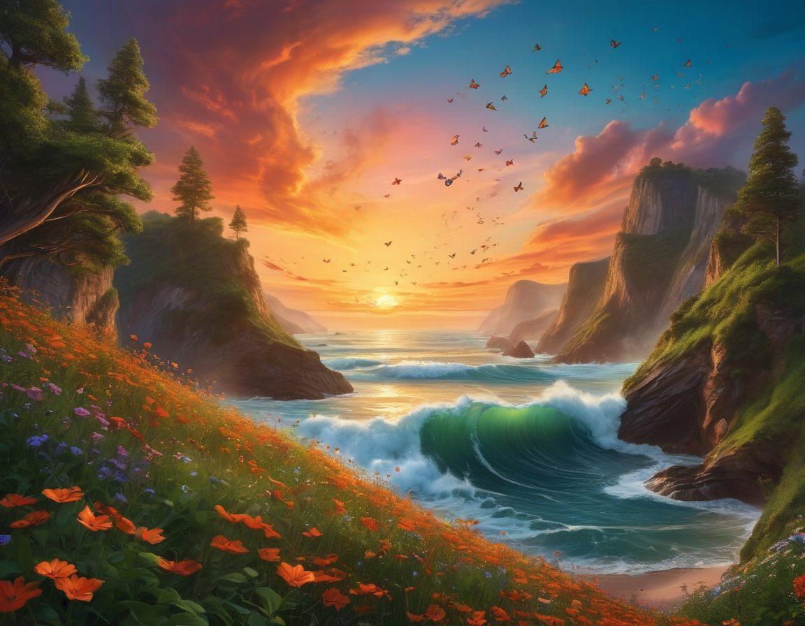 A captivating scene showcasing an enchanting landscape filled with enormous, flowing curves resembling giant hills and waves, adorned with lush greenery and vibrant wildflowers. In the foreground, a person with an expression of awe stands beside a colossal curve, capturing the moment with a camera. The sky is a stunning gradient of sunset hues, reflecting the whimsical nature of the scenery. Include an element of surrealism with floating butterflies. vibrant colors. super-realistic.